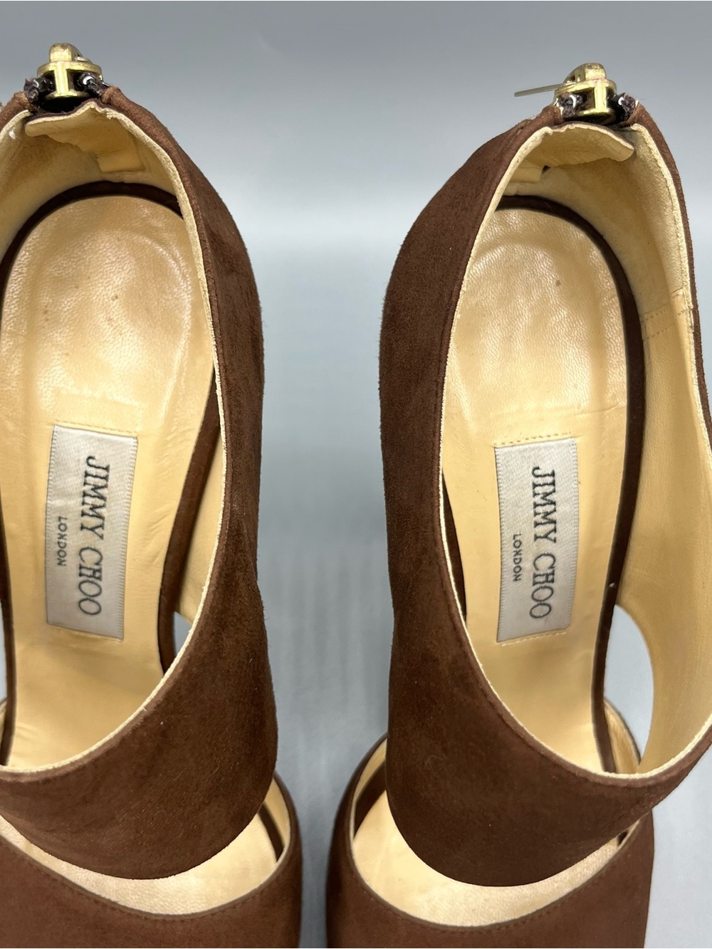 Jimmy Choo London Brown Suede Peep Toe Platform Heels Women EU 39.5 Italy 9.5 US - Picture 10 of 16